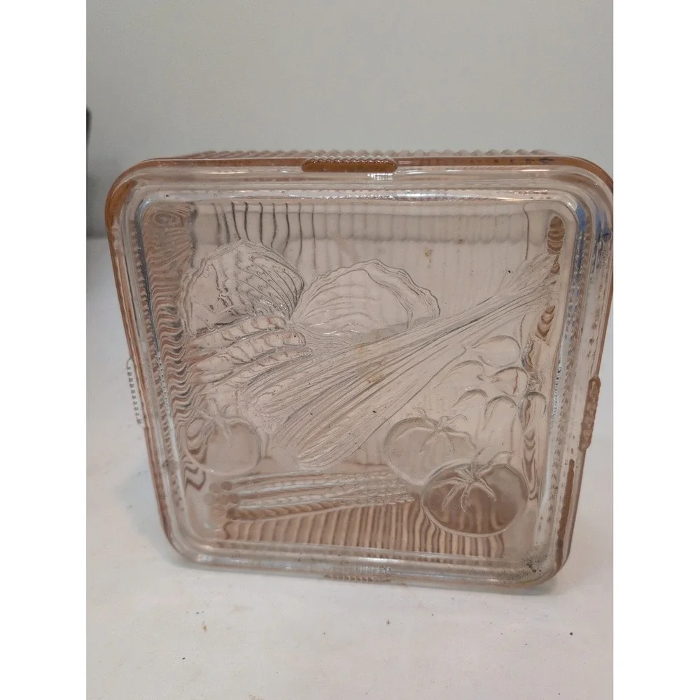Pink Atlas Glass Vintage Glass Refrigerator Dish Embossed Vegetable + Lid